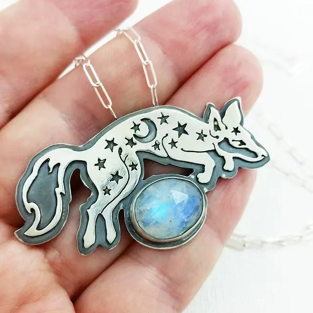 Retro Fox Star And Moon Carved Pendant Necklace With Moonstone Inlay