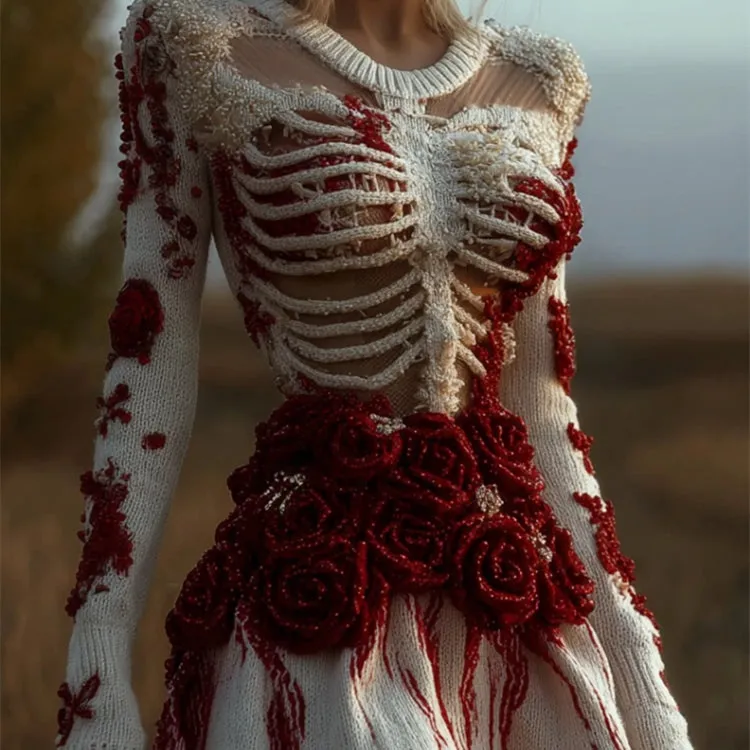 Long-sleeved Floral 3D-printed Dress With A Round Neckline