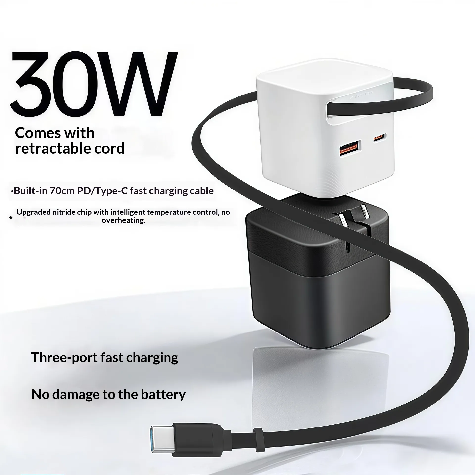 30W GaN Retractable Fast Charger Compatible With AC Multi-port Chargers