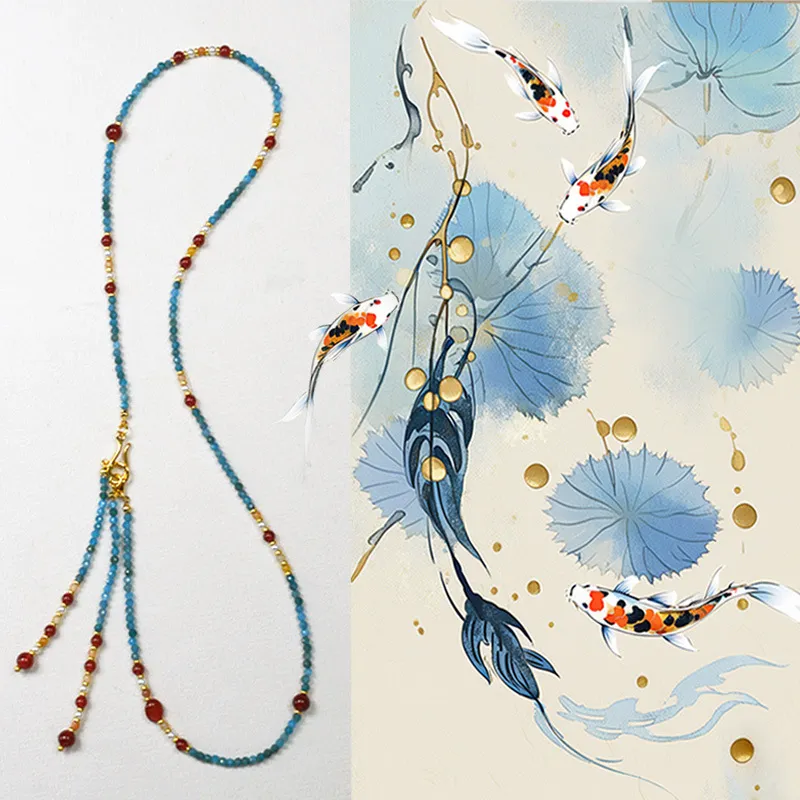 Removable Tassel Necklace With Apatite And Red Agate Beads