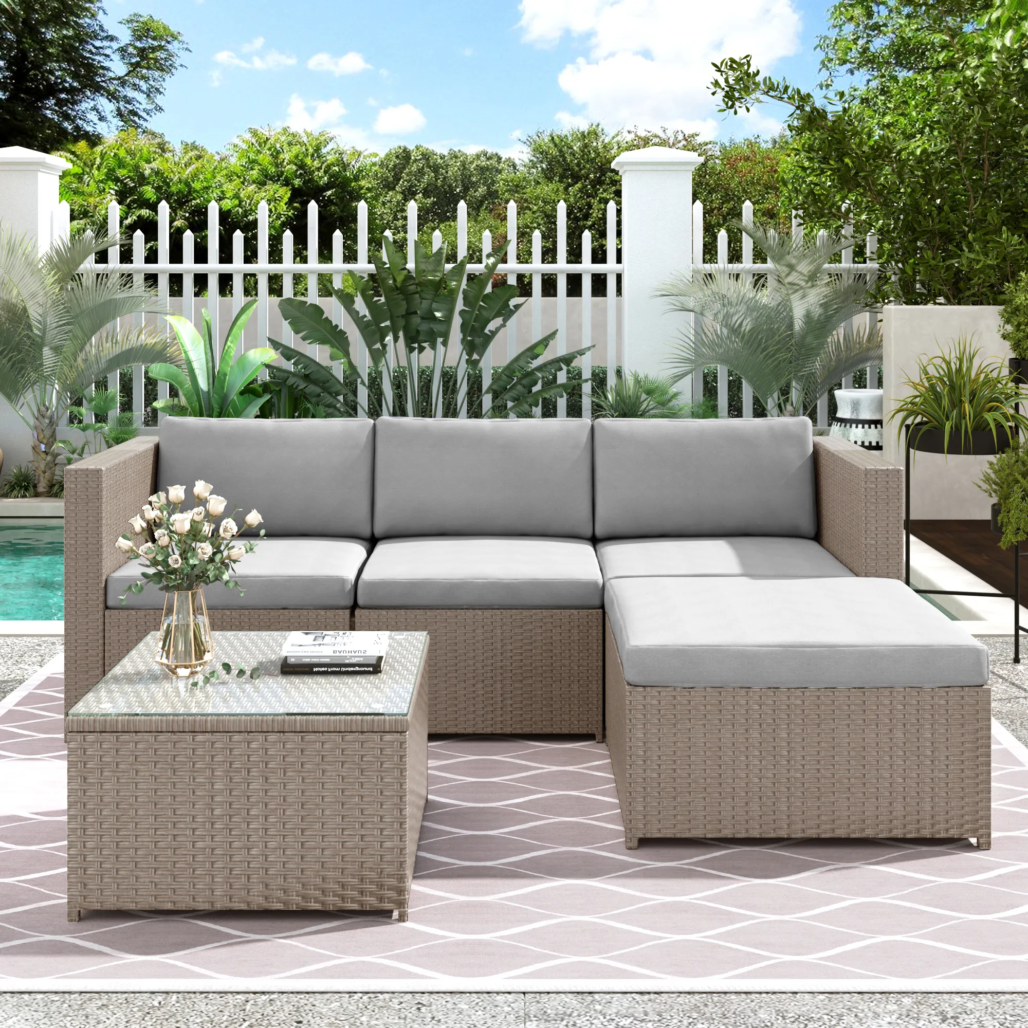 Garden Corner Sofa Rattan Garden Furniture Patio Set Garden Entertaining Set Garden Rattan Furniture Lounge Set,Khaki