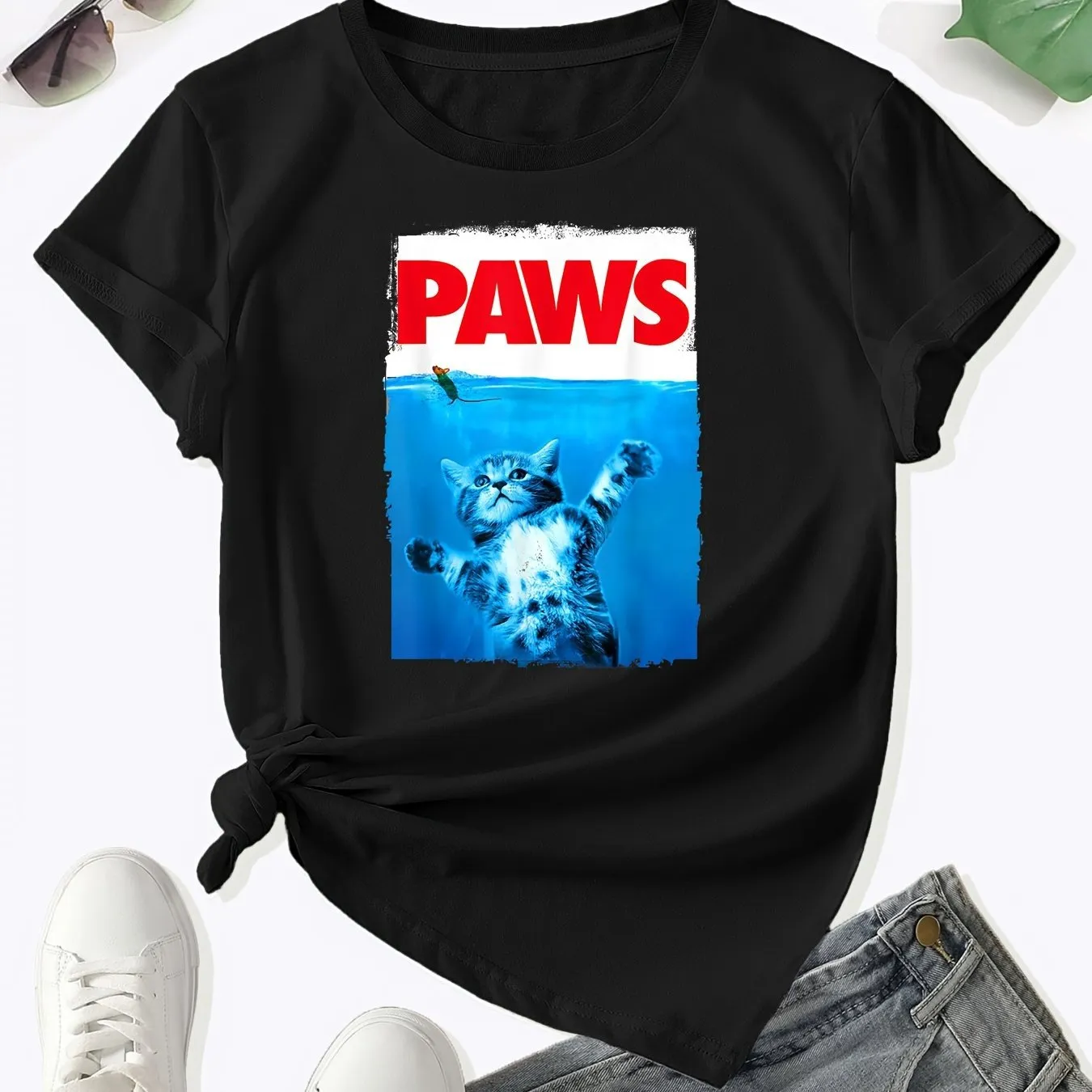 Cat-print Crew-neck T-shirt Casual Short-sleeve Top For Spring