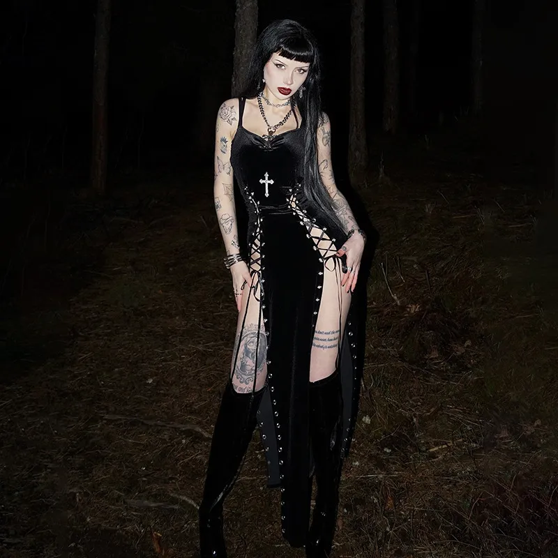 Dark Gothic High-slit Lace-up Dress