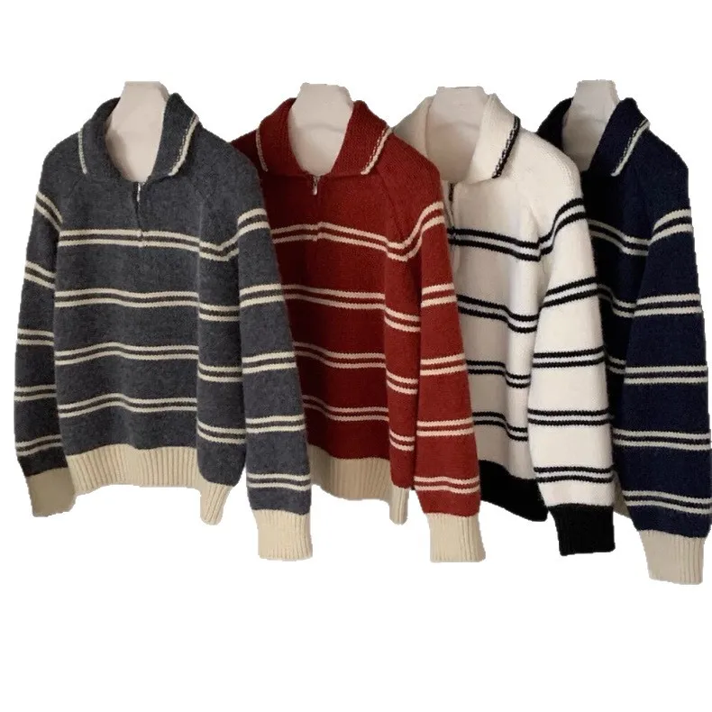 Striped Half Zipper And Lapel Knitted Pullover For Women - Product Image 2