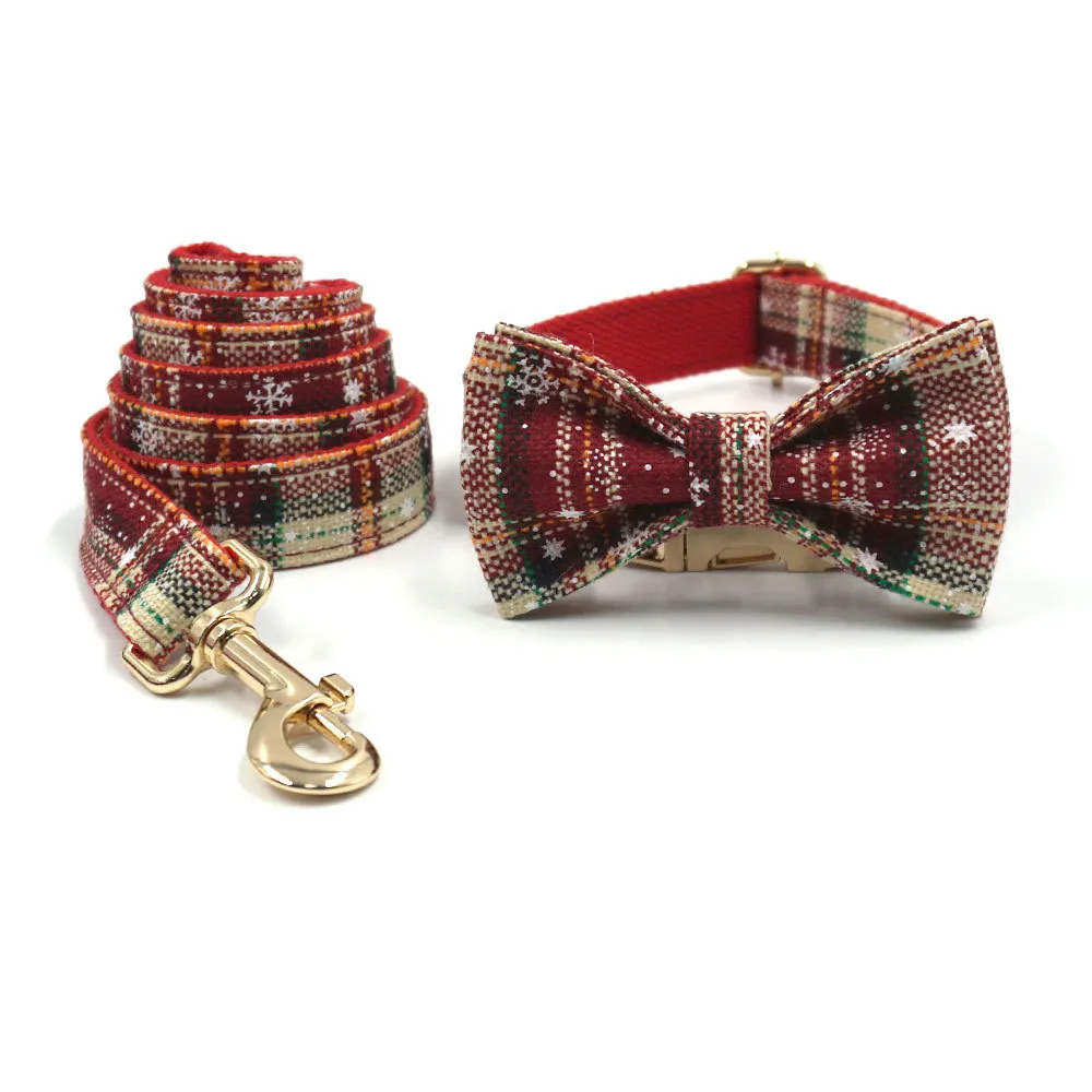 Christmas Pet Collar And Leash Set - Customizable Engraved Dog Neck Strap With Bow Tie For Holiday New Year Walking