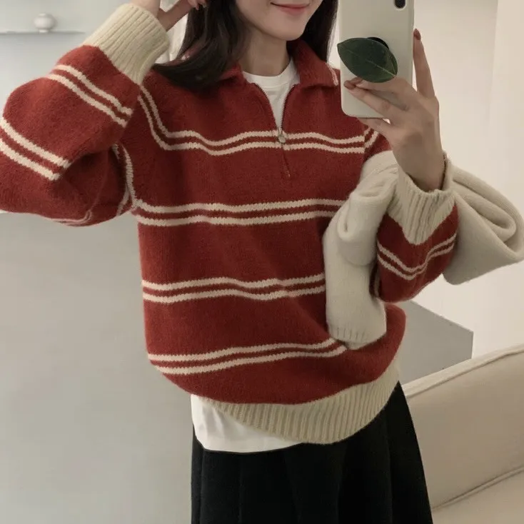 Striped Half Zipper And Lapel Knitted Pullover For Women - Product Image 3