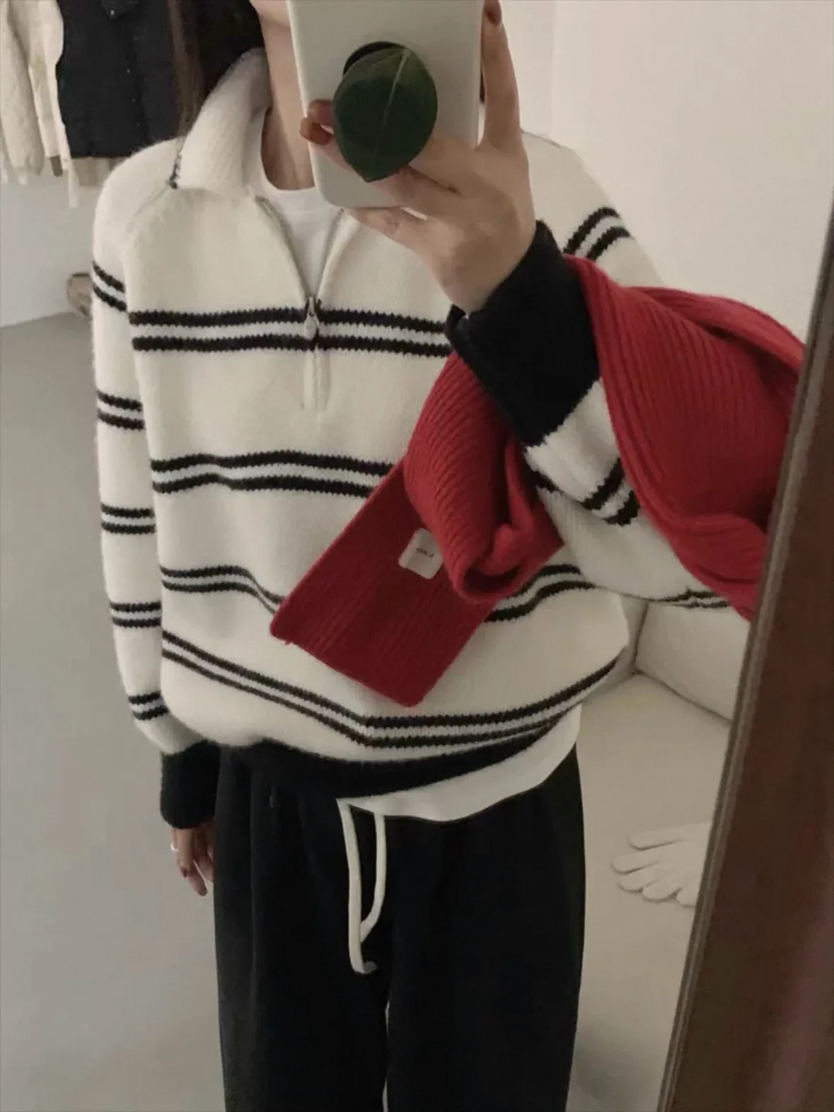 Striped Half Zipper And Lapel Knitted Pullover For Women - Product Image 1