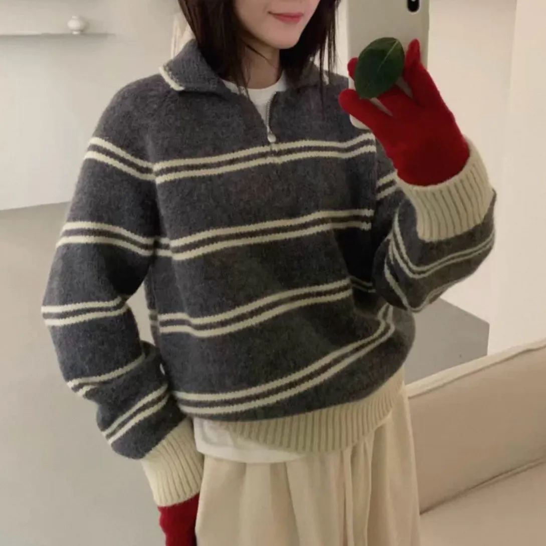Striped Half Zipper And Lapel Knitted Pullover For Women - Product Image 2