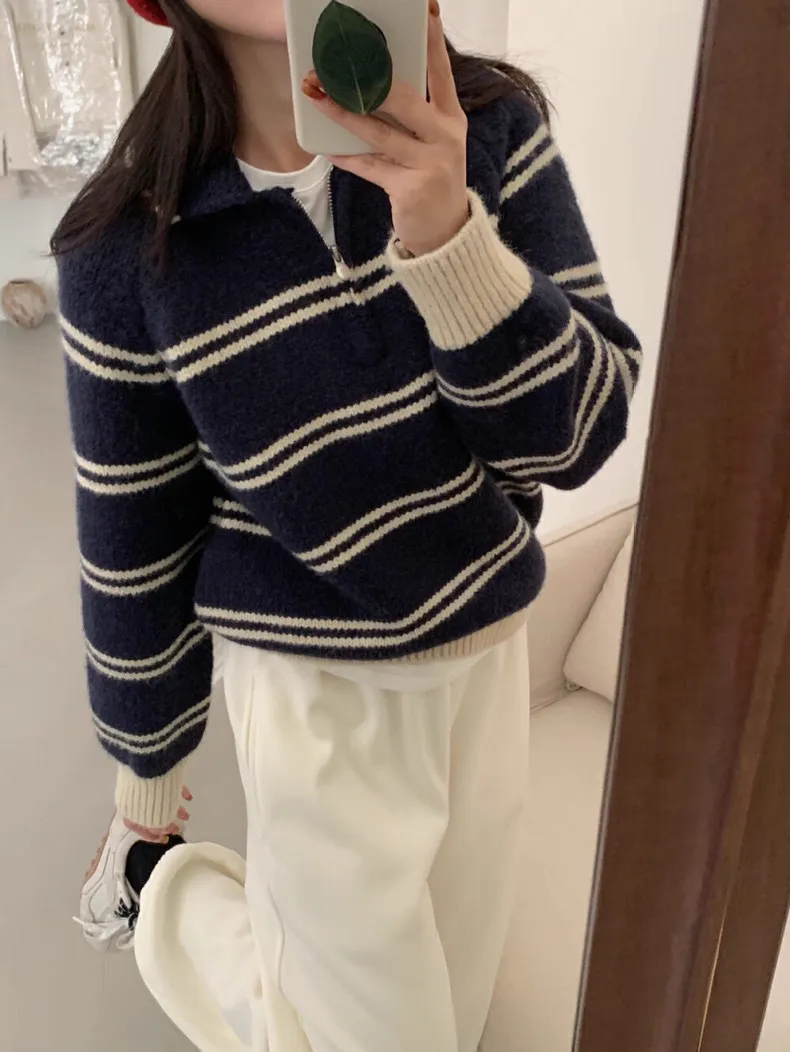 Striped Half Zipper And Lapel Knitted Pullover For Women - Product Image 4