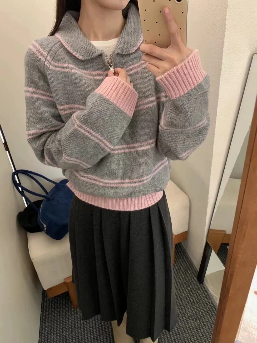 Striped Half Zipper And Lapel Knitted Pullover For Women - Product Image 5